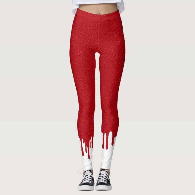 Custom Red Glitter Leggings with White Drips (Front)