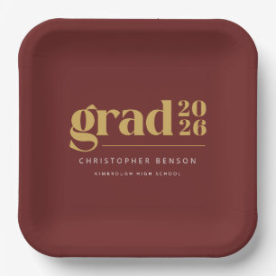 Custom Red Gold 2026 Grad Graduation Paper Plate