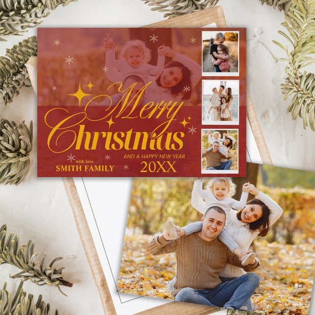 Custom Red & Gold Photo Collage Christmas Greeting Holiday Card (Custom Red & Gold Photo Collage Christmas Greeting Holiday Card)