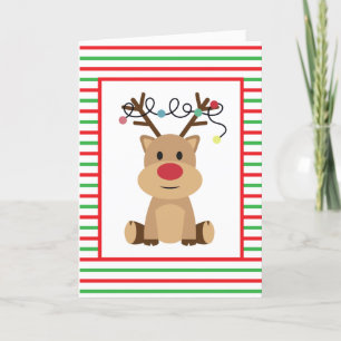 Custom Red Green Candy Stripes Reindeer QR Code Holiday Card