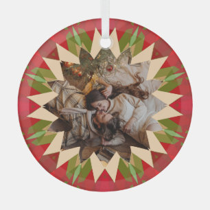 Custom Red Green Christmas Star Photo Gift Tree Glass Tree Decoration