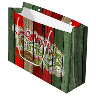 Custom Red Green Weathered Wooden Planks Pattern Large Gift Bag