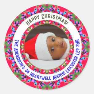 Custom Red Happy Christmas Photo Return Address Classic Round Sticker
