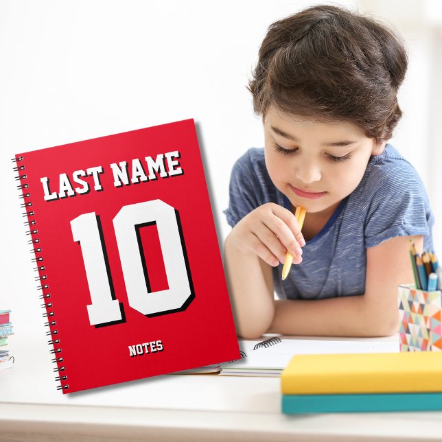 Custom Red Last Name Sports Jersey Number  Notebook (Creator Uploaded)