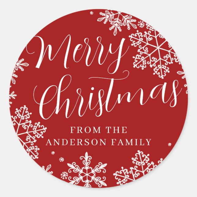 Custom Red Merry Christmas Snowflake Stickers  (Front)