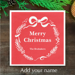 Custom Red Modern Hand Drawn Bow Merry Christmas Napkin
