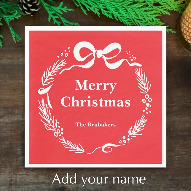 Custom Red Modern Hand Drawn Bow Merry Christmas Napkin (Personalize this festive red hand drawn pine and bow doodle Merry Christmas napkin. My original art.)