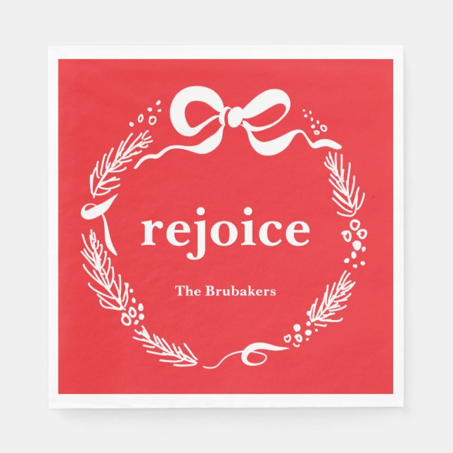 Custom Red Modern Hand Drawn Bow Rejoice Christmas Napkin (Front)