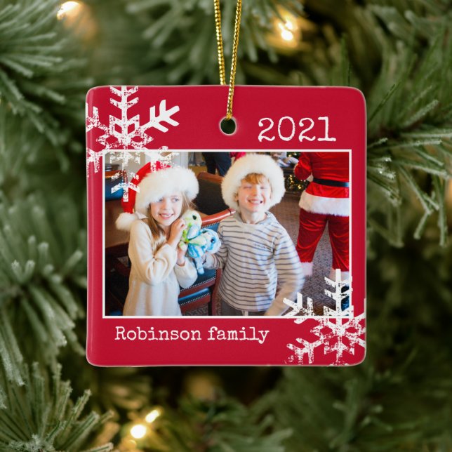 Custom Red Photo Border White Snowflakes Holiday Ceramic Ornament (Tree)
