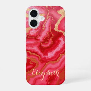 Custom Red & Pink Marble With Gold iPhone 16 Case