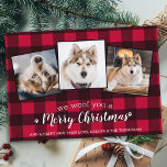 Custom Red Plaid Pet Photo Collage Dog Lover Holid Postcard<br><div class="desc">We Woof You A Merry Christmas! Send cute and fun holiday greetings with this super cute personalised custom pet photo holiday card. Merry Christmas wishes from the dog with cute paw prints in a fun modern photo collage design. Add your dog's photos or family photos with the dog, and personalise...</div>