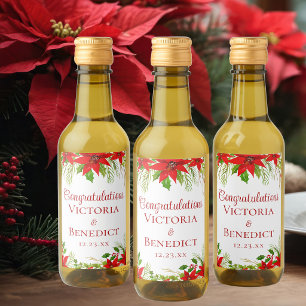Custom Red Poinsettia Christmas Wedding Mini Wine Label