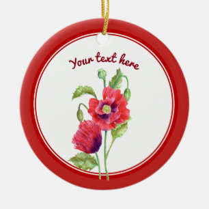 Custom Red Poppies Botanical Floral Art Ceramic Tree Decoration