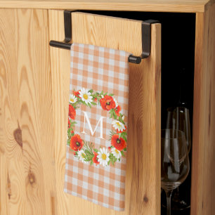 Custom Red Poppies White Yellow Daisies Wreath Tea Towel
