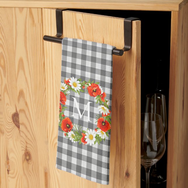 Custom Red Poppies White Yellow Daisies Wreath Tea Towel (Thirds Fold)