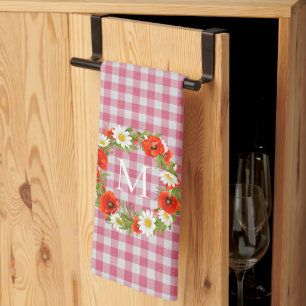 Custom Red Poppies White Yellow Daisies Wreath Tea Towel