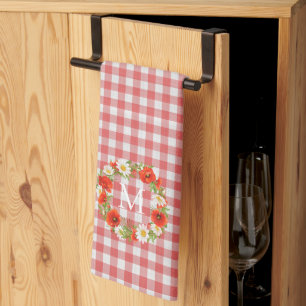 Custom Red Poppies White Yellow Daisies Wreath Tea Towel