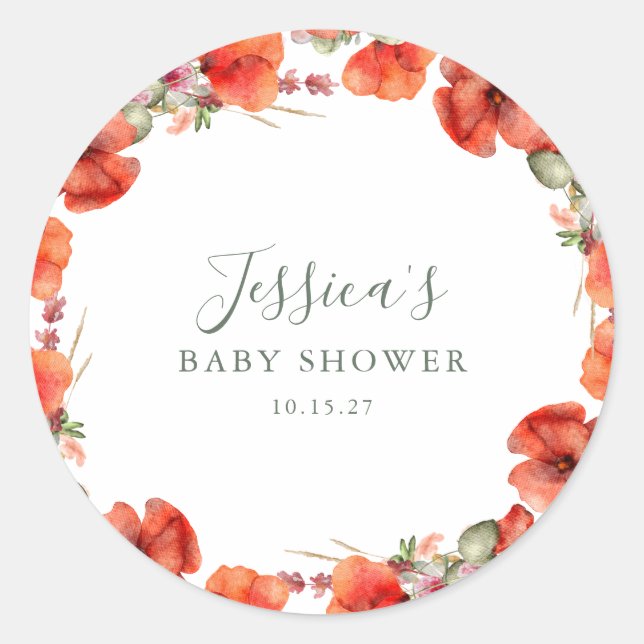 Custom Red Poppy Garden Floral Baby Shower   Classic Round Sticker (Front)