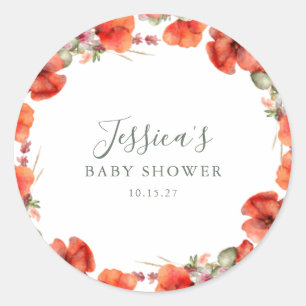 Custom Red Poppy Garden Floral Baby Shower   Classic Round Sticker