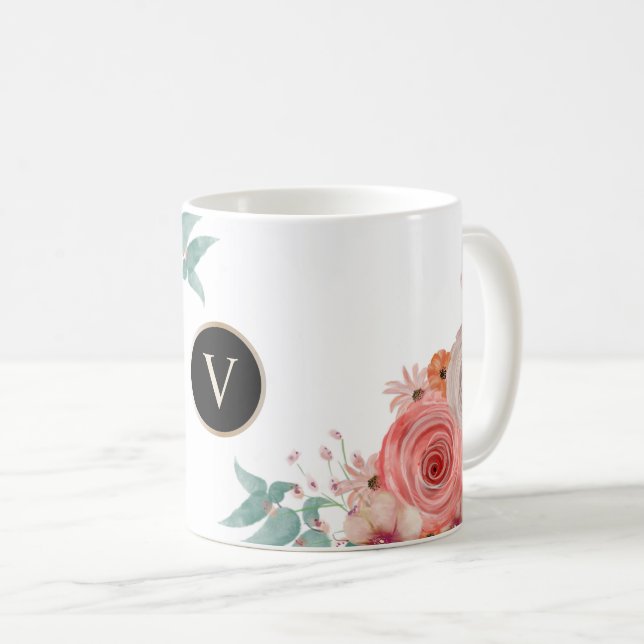 Custom red rose floral monogram coffee mug (Front Right)