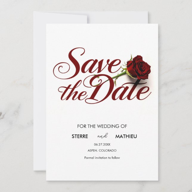 Custom Red Rose Wedding Save The Date (Front)