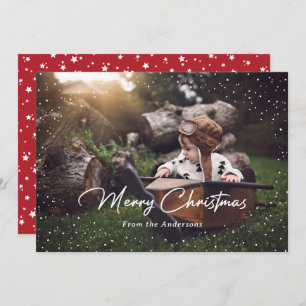 Custom Red Snow Stars Photo Christmas Cards