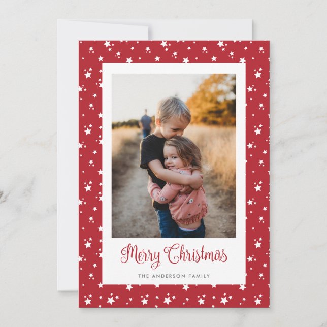 Custom Red Stars Photo Merry Christmas Cards (Front)