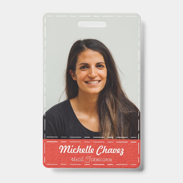 Custom Red Stitched Leather Photo Emoployee ID Badge (Front)