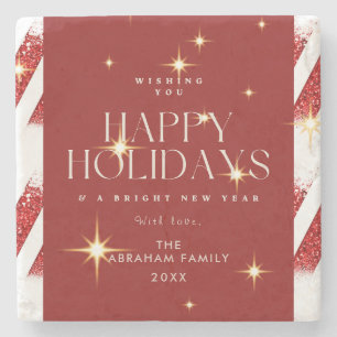 Custom Red Stripes Sparkling Happy Holidays   Stone Coaster