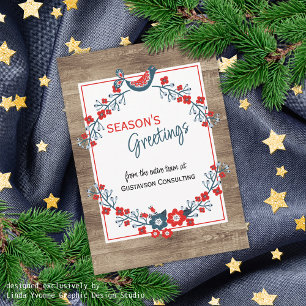 Custom Red Teal Blue Bird & Floral Folk Art Wreath Holiday Card