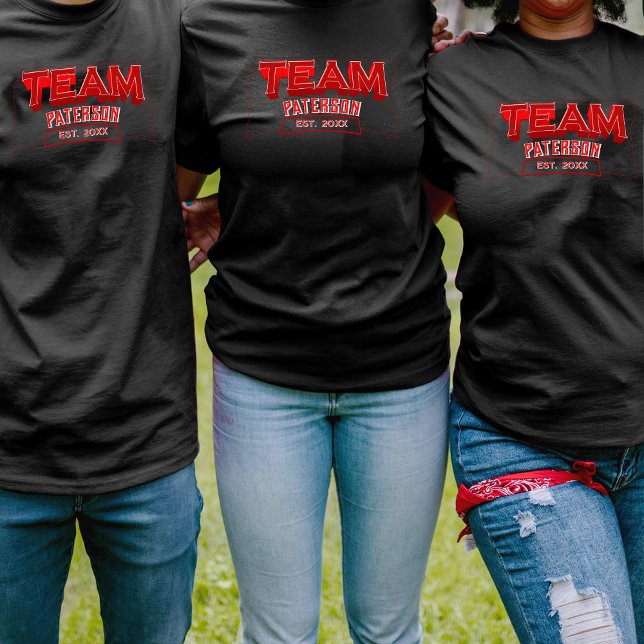 Custom Red Team Family Crew Name Sports Black  T-Shirt (Creator Uploaded)