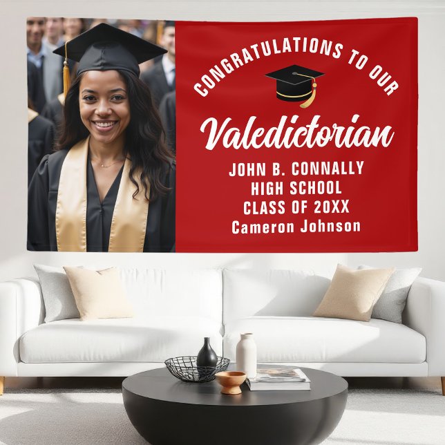 Custom Red Valedictorian Photo Graduation Party Banner (Creator Uploaded)