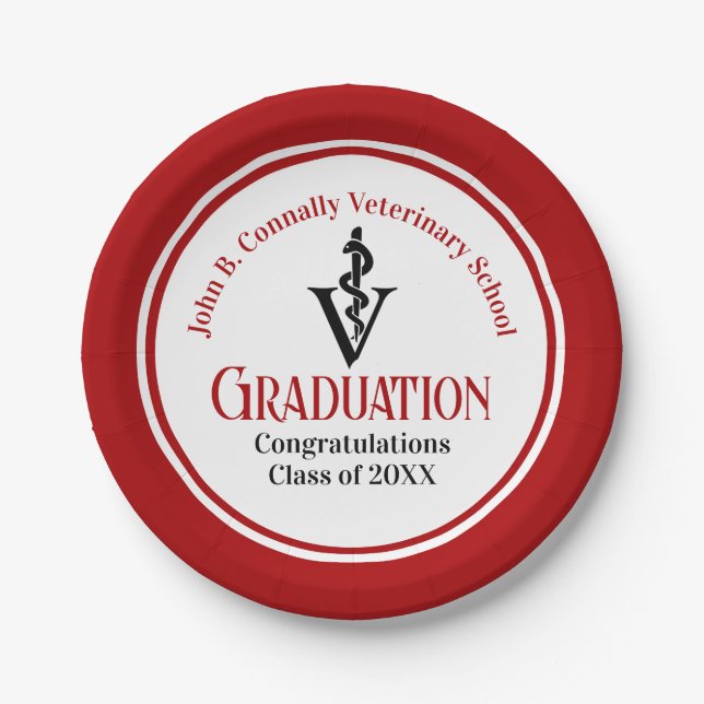 Custom Red Veterinary School Graduation Party Paper Plate (Front)