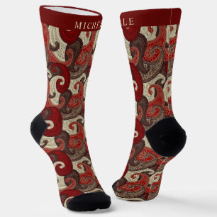 Custom Red White Grey Brown Paisley Pattern Socks