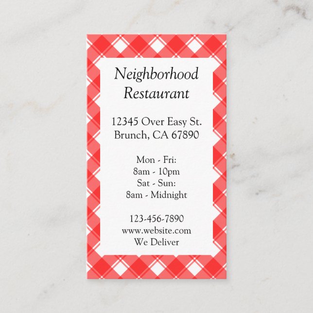 Custom Red White Plaid Checked Discount Coupon Business Card (Front)