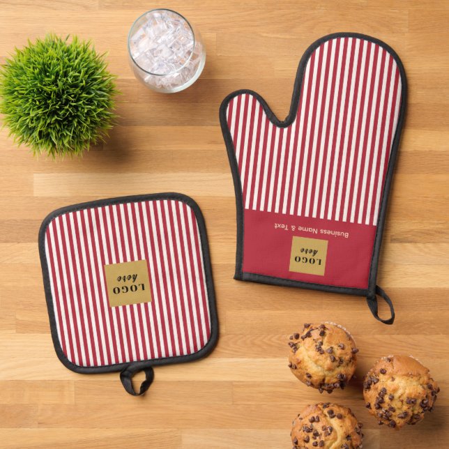 Custom Red & White Stripe Oven Mitt & Pot Holder Set (Top Down)
