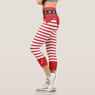 Custom Red White Stripes Candy Cane Santa Elf Capri Leggings