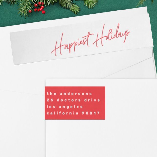 Custom Red White Text Happiest Holiday Sticker Wrap Around Label (Creator Uploaded)