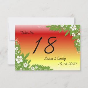 Custom red yellow hibiscus wedding table cards