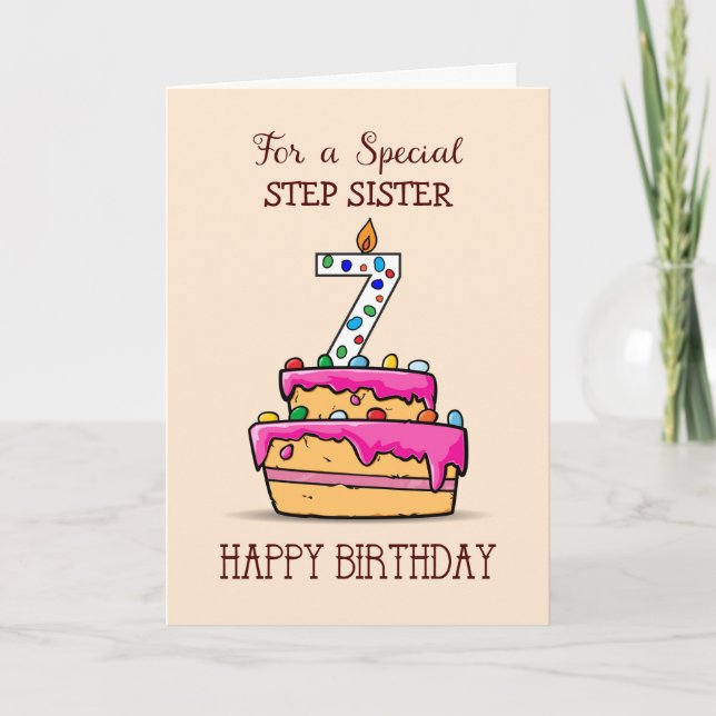 Custom Relation, 7th Birthday, 7 on Pink Cake Card (Front)