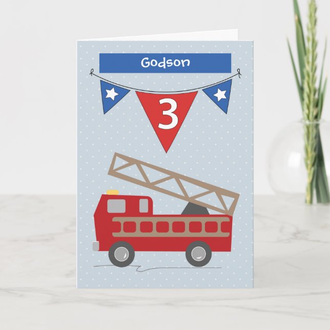 Custom Relationship, Godson 3rd Birthday Firetruck Card (Front)