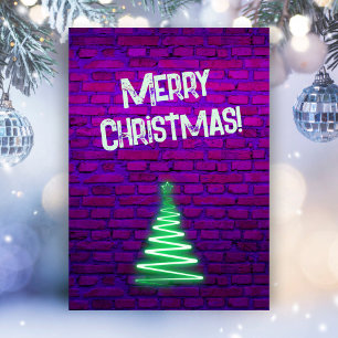 Custom Retro 80s Neon Pink Wall Christmas Tree  Holiday Card