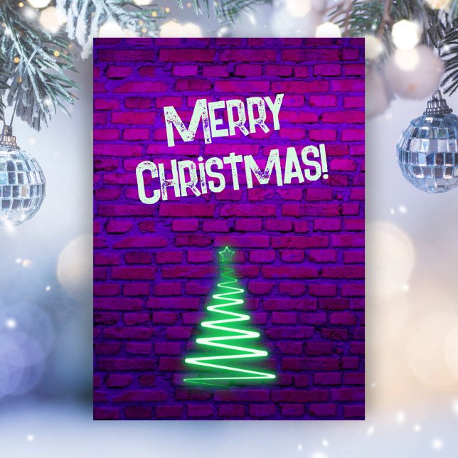 Custom Retro 80s Neon Pink Wall Christmas Tree  Holiday Card (Creator Uploaded)