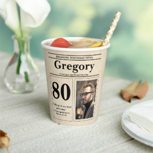 Custom Retro 80th Birthday Newspaper Style Paper Cups