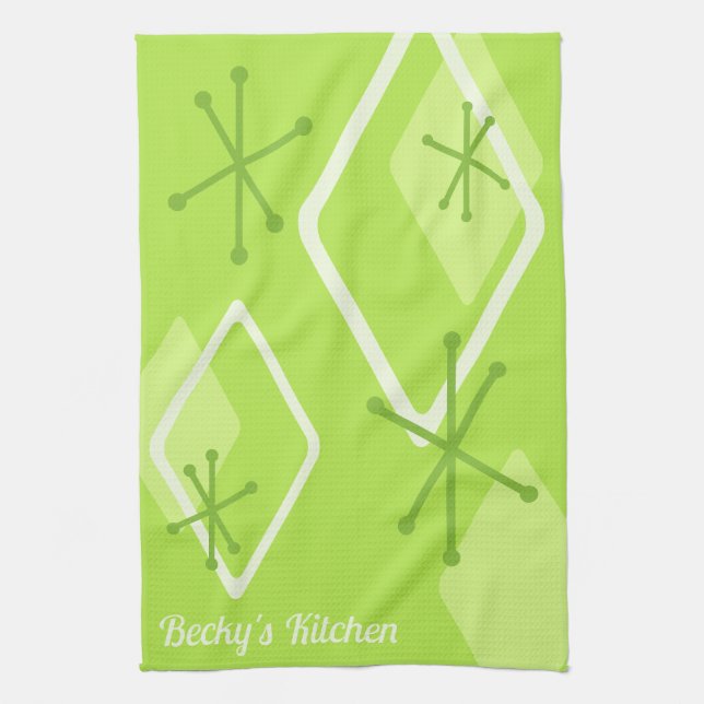 Custom Retro Atomic Diamonds Chartreuse Tea Towel (Vertical)
