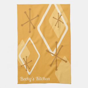 Custom Retro Atomic Diamonds Orange Tea Towel