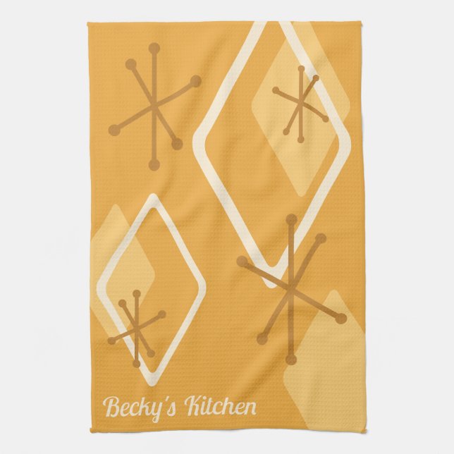 Custom Retro Atomic Diamonds Orange Tea Towel (Vertical)