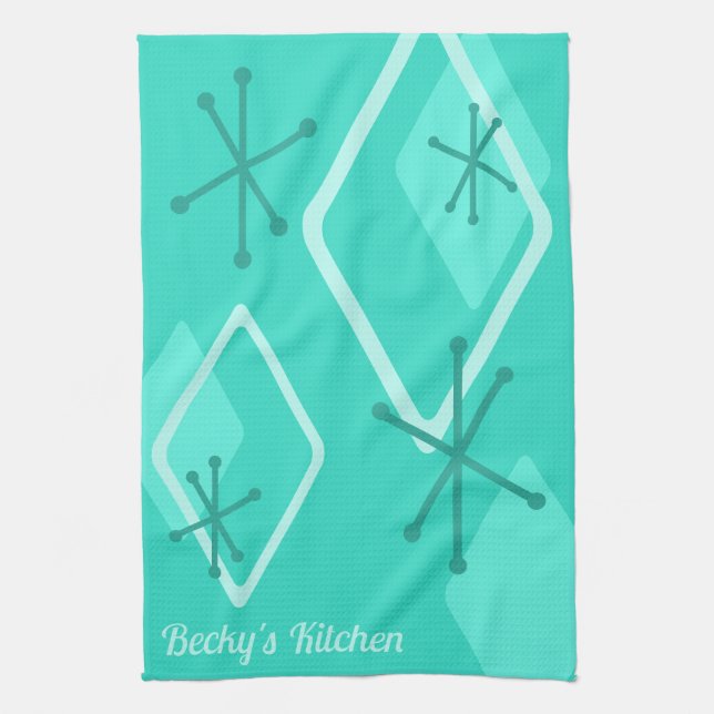Custom Retro Atomic Diamonds Turquoise Tea Towel (Vertical)