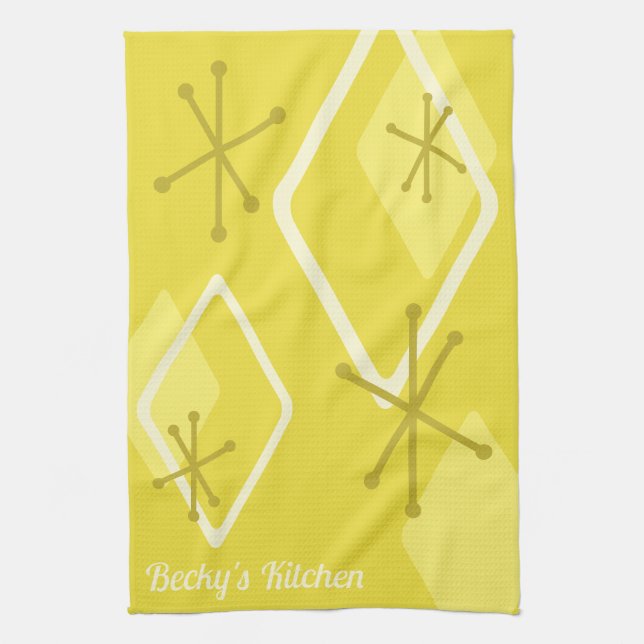 Custom Retro Atomic Diamonds Yellow Tea Towel (Vertical)