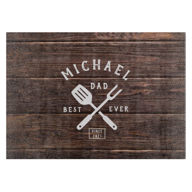 Custom Retro BEST DAD EVER Rustic Dark Wood Print Cutting Board (Front)